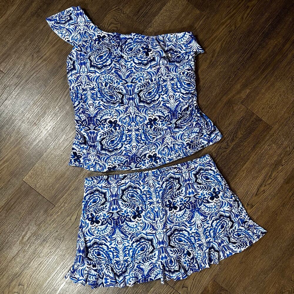 SWIMSUITS FOR ALL One Shoulder Tankini sz 22 Blue Batik Style Ruffle 2pc